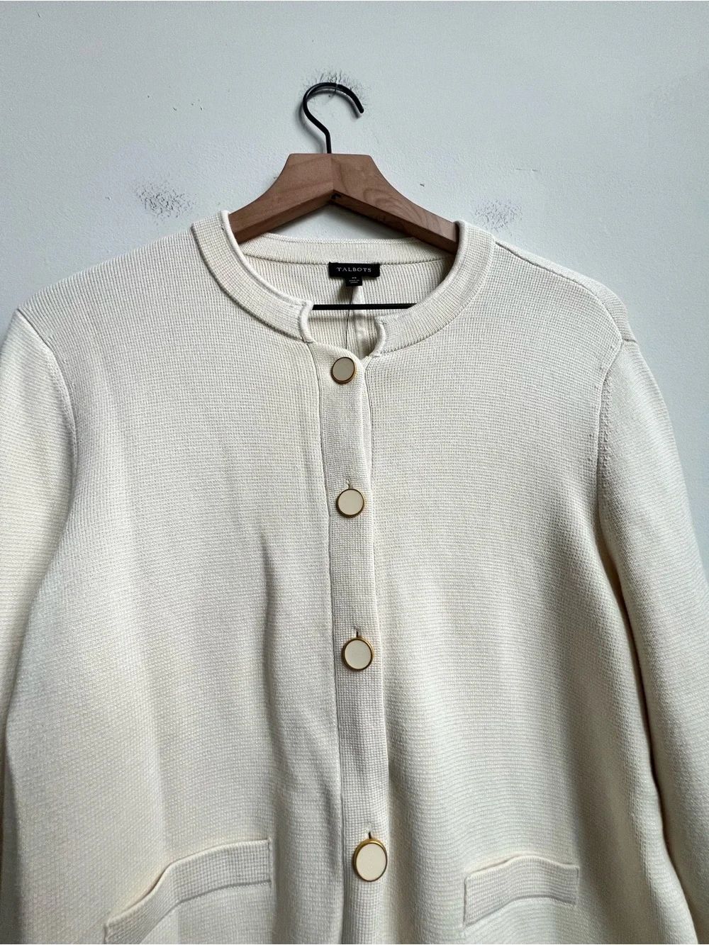 New Talbots Knit Stretch Banded Collar  Sweater Jacket Pocket Minimalist Luxury